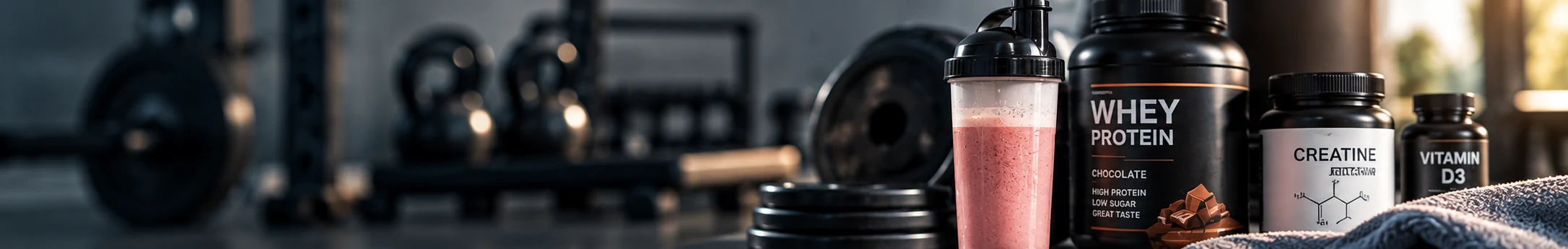 Shaker og bøtter med protein og kreatin