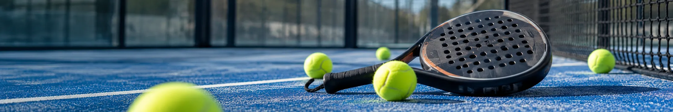 Padelketsjer og bolde på en blå padelbane