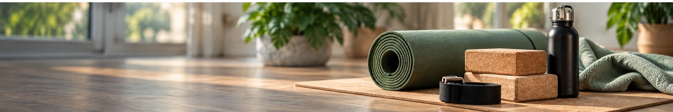 Yogamåtte og tilbehør på et trægulv