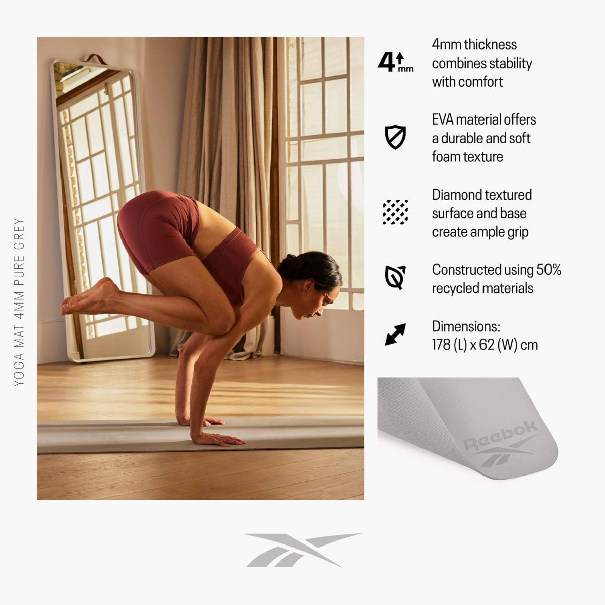 Reebok Yogamåtte - 4mm - Pure Grey – Yogamåtter & Tilbehør, billede 3 hos ActiveNordic