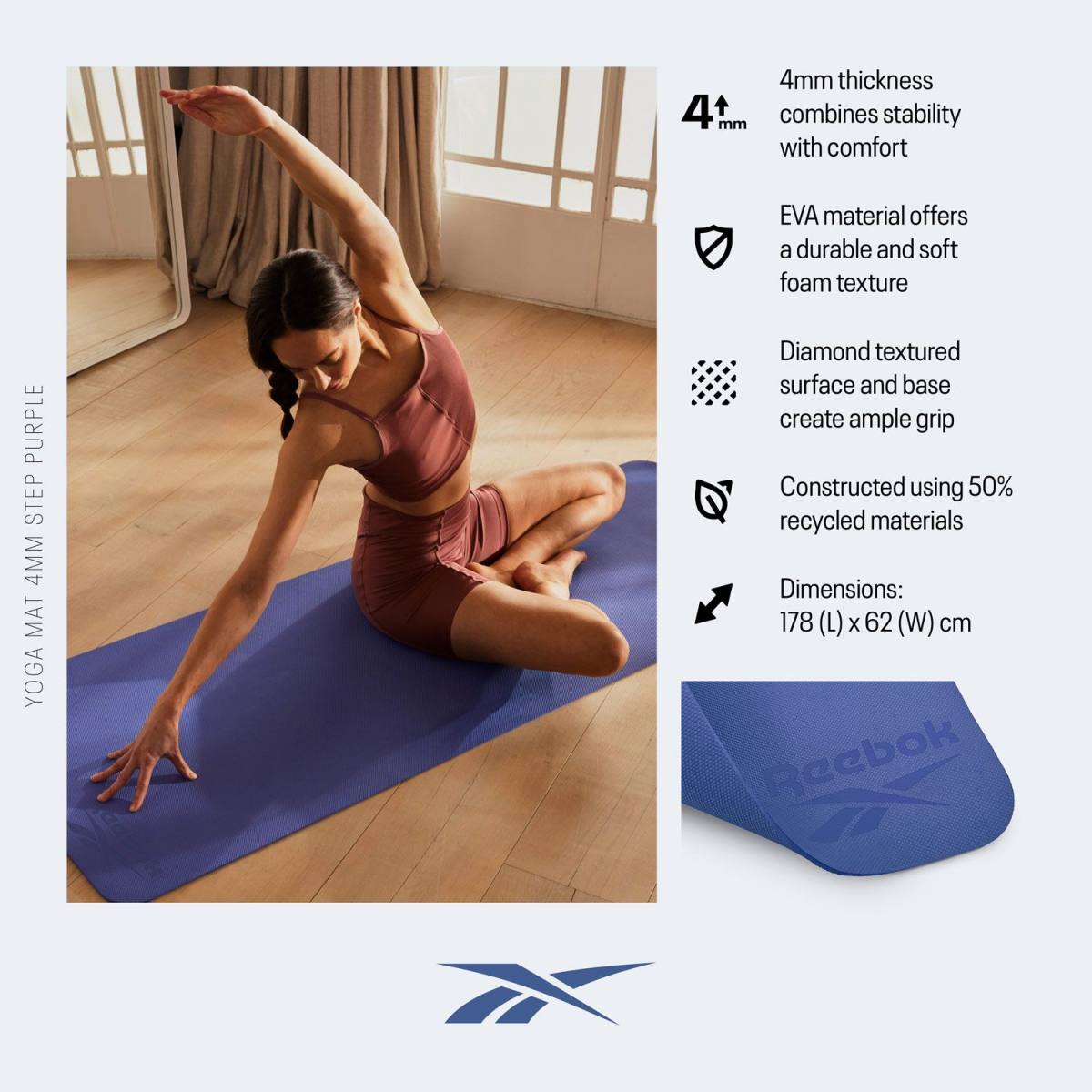 Reebok Yogamåtte - 4mm - Step Purple – Yogamåtter & Tilbehør, billede 3 hos ActiveNordic