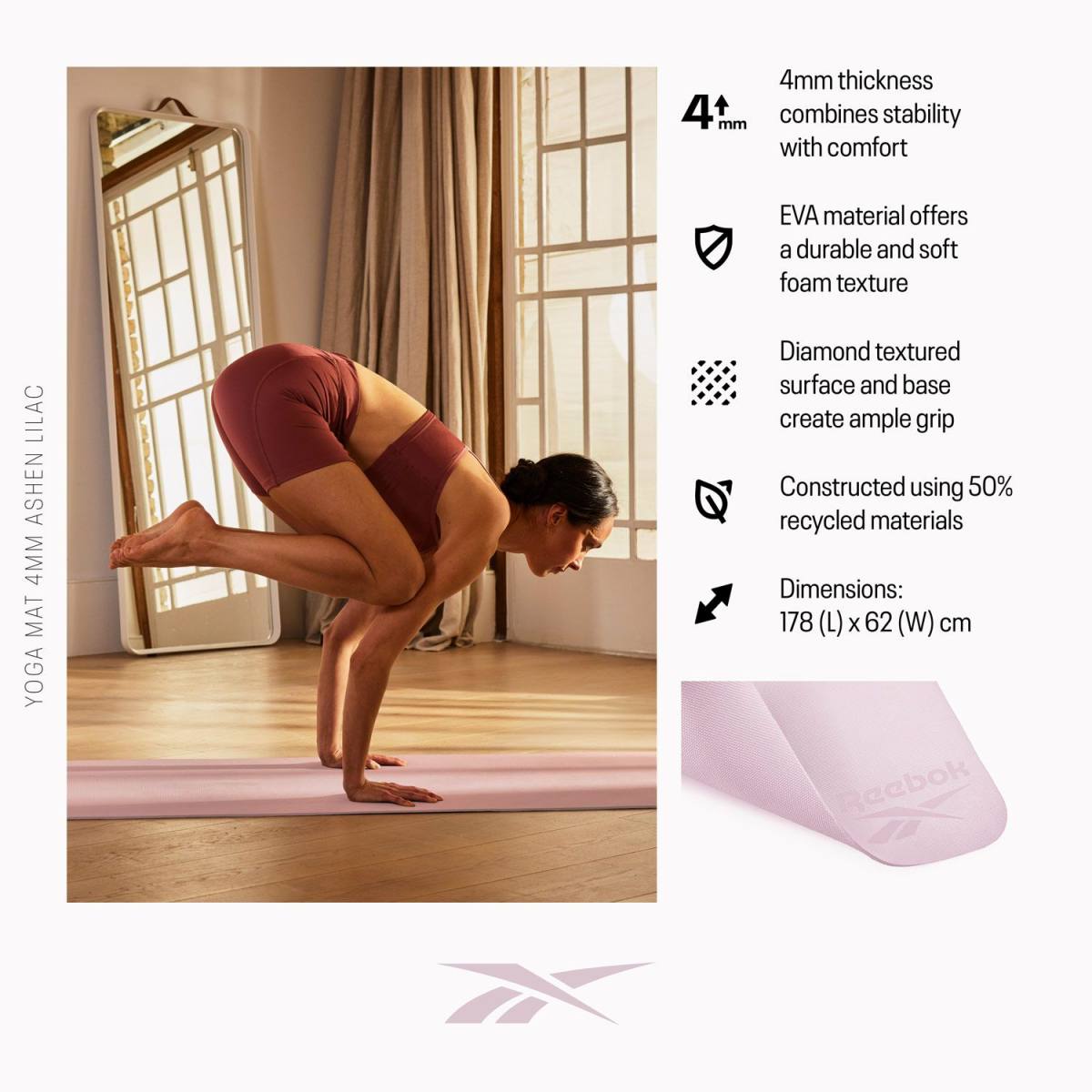 Reebok Yogamåtte - 4mm - Ashen Lilac – Yogamåtter & Tilbehør, billede 3 hos ActiveNordic