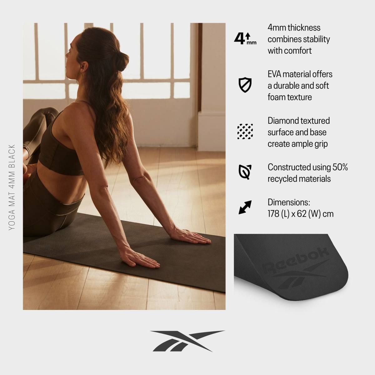Reebok Yogamåtte - 4mm - Black – Yogamåtter & Tilbehør, billede 3 hos ActiveNordic