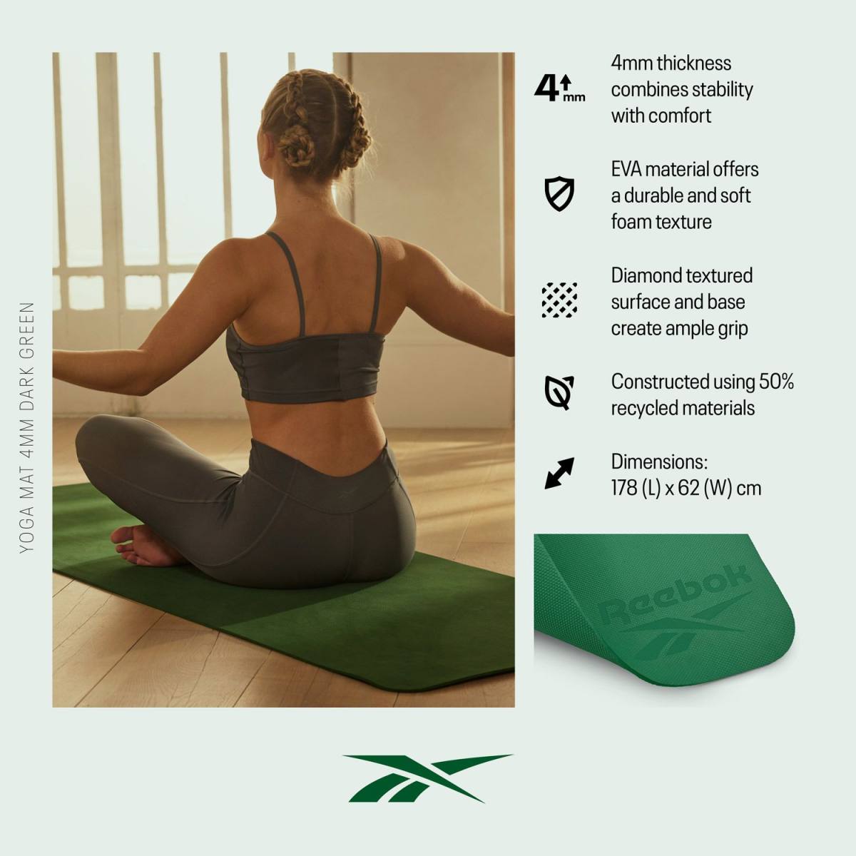 Reebok Yogamåtte - 4mm - Dark Green – Yogamåtter & Tilbehør, billede 3 hos ActiveNordic